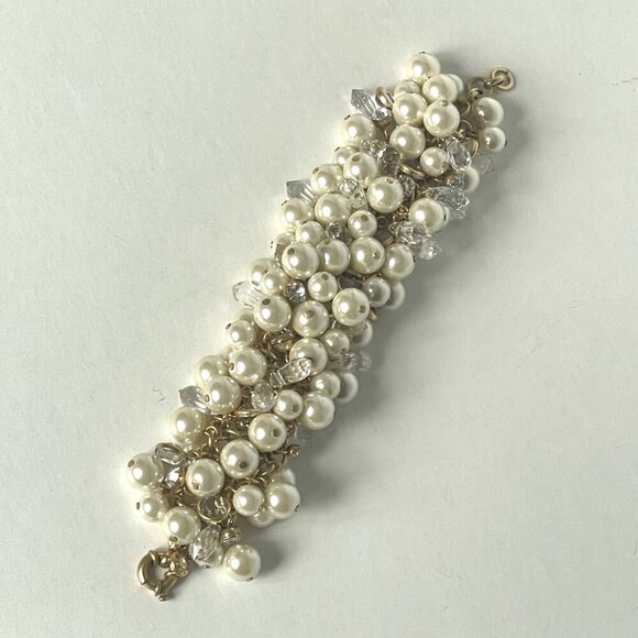 J Crew Faux Pearl Crystal Bracelet Gold Chain Cluster Statement Clasp Wedding - Picture 10 of 10